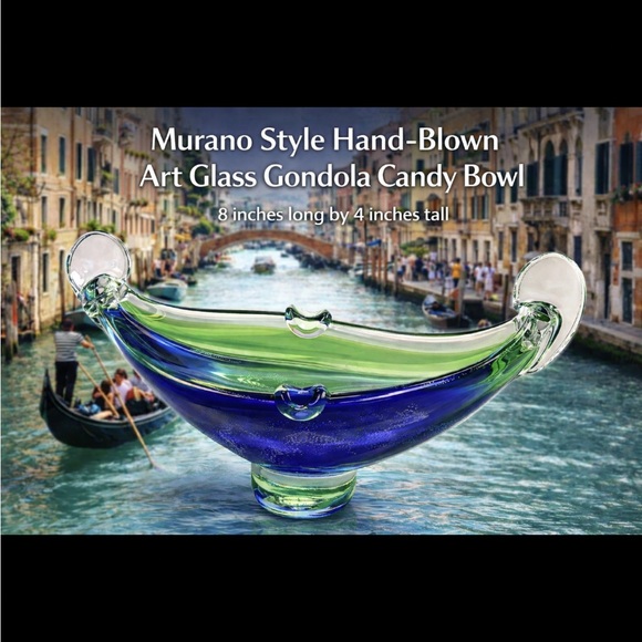 Murano Style Hand-Blown Green and Blue Glass Gondola Candy Bowl